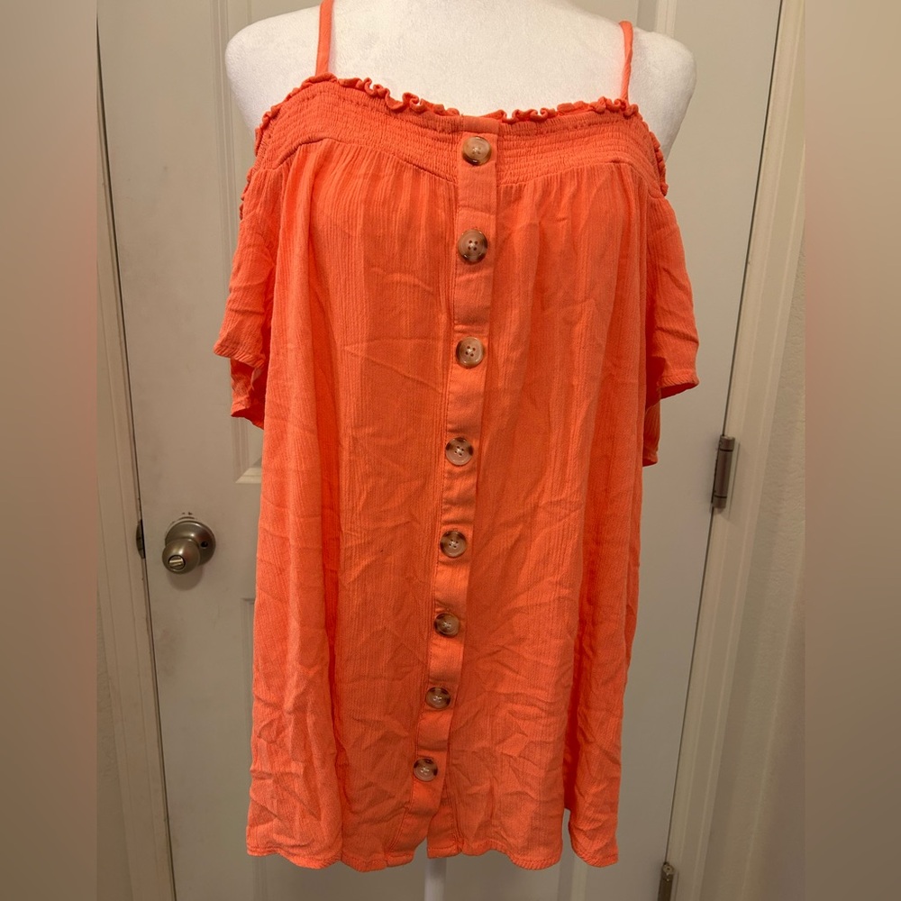 Torrid Tangerine Gauzy Smocked Cold Shoulder Preloved Top
